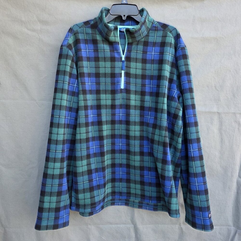 Chubbies Fleece Sweater Blue Green Plaid Quarter Zip Pullover Men's Size XL